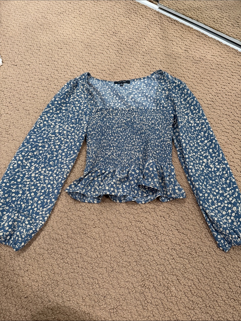Love Tree Blue Floral Smocked Peplum Blouse